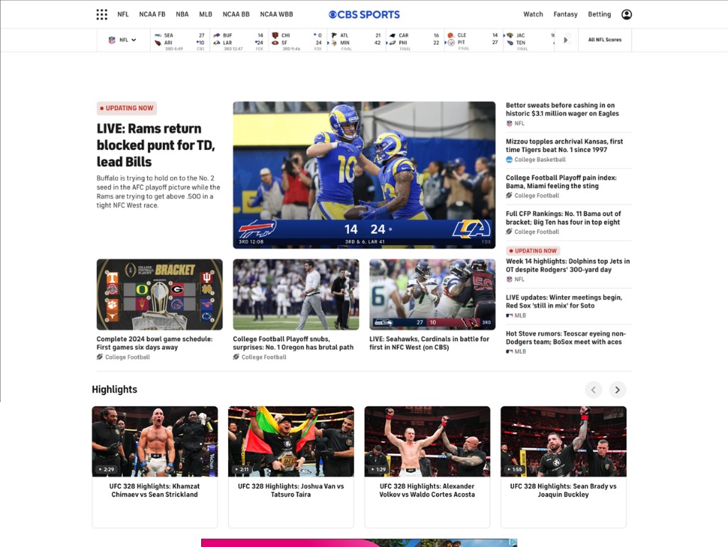 Pre-redesign CBS Sports homepage on desktop showing the existing Scores-at-a-glance strip, lead story column, and below-the-fold rails. Used as the desktop reference while exploring new layout structures.
